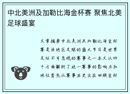 中北美洲及加勒比海金杯赛 聚焦北美足球盛宴