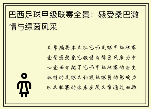 巴西足球甲级联赛全景：感受桑巴激情与绿茵风采